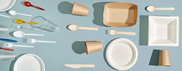 Disposable plastic and paper dishes. Biodegradable alternative to plastic. Zero waste concept