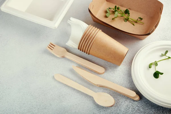 Biodegradable disposable tableware. Paper plates, cups, boxes. Wooden cutlery.