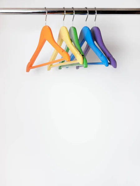 Five Multi Colored Empty Hangers Hang Wardrobe — Stock Photo, Image