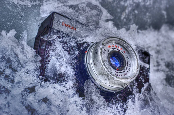 Soviet Camera Smena Froze Ice Creative Snapshot Winter Ice Cold — Stock Photo, Image