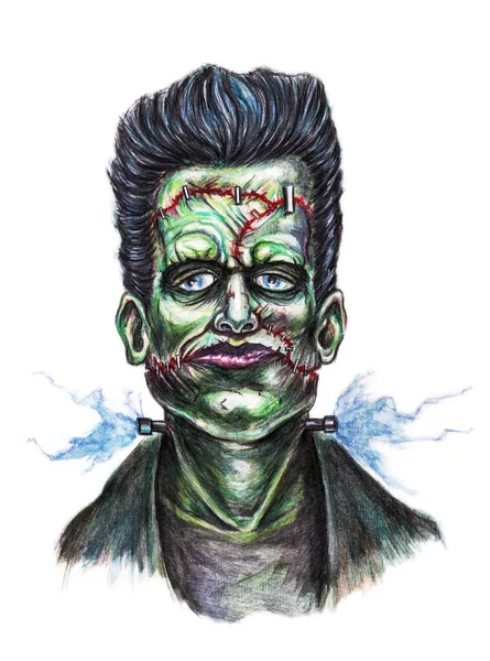 Dibujo Frankenstein Moda Acuarela Sobre Fondo Blanco Personaje Con Relámpagos —  Fotos de Stock