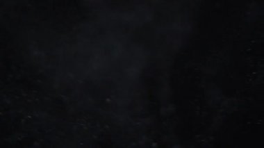 Siyah zemin üzerinde beyaz-gümüş parçacıkların havada asılı kalması. Bazı parçacıklar güzel bir bokeh içinde bulanıklaşıyor. Çeşitli karıştırma kiplerinde videolarınız için 4K arkaplan.
