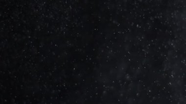 Siyah zemin üzerinde beyaz-gümüş parçacıkların havada asılı kalması. Bazı parçacıklar güzel bir bokeh içinde bulanıklaşıyor. Çeşitli karıştırma kiplerinde videolarınız için 4K arkaplan.