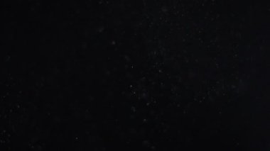 Siyah zemin üzerinde beyaz-gümüş parçacıkların havada asılı kalması. Bazı parçacıklar güzel bir bokeh içinde bulanıklaşıyor. Çeşitli karıştırma kiplerinde videolarınız için 4K arkaplan.
