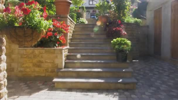 European Two Storey Residential Building Attic Beautiful Garden Stone Staircase — Stock Video