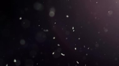 Siyah arka planda beyaz parçacıkların havada asılı kalması. Bazı parçacıklar güzel bir bokeh içinde bulanıklaşıyor. Çeşitli karıştırma kiplerinde videolarınız için 4K arkaplan.