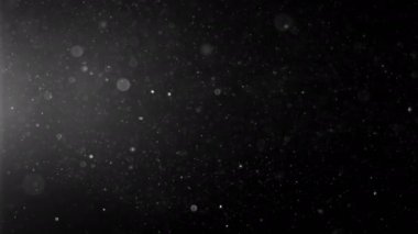 Siyah zemin üzerinde beyaz-gümüş parçacıkların havada asılı kalması. Bazı parçacıklar güzel bir bokeh içinde bulanıklaşıyor. Çeşitli karıştırma kiplerinde videolarınız için 4K arkaplan.