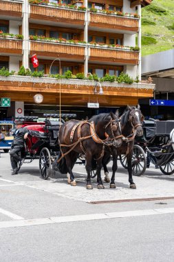 ZERMATT, SWitzERLAND - 22 Haziran 2019: Zermatt kasabasının merkezinde at arabaları ve geleneksel evler