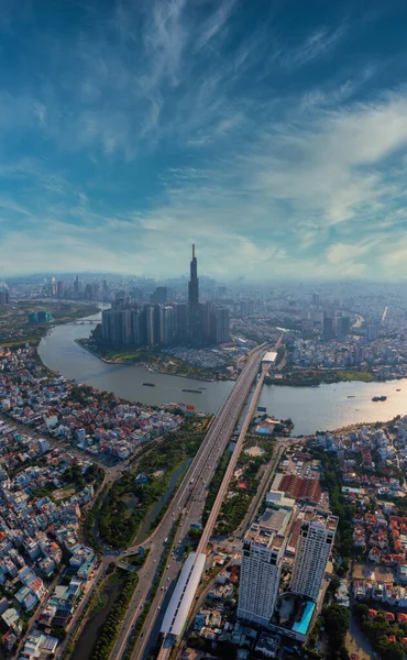 Vertical panorama cityscape photo of downtown Ho Chi Minh city