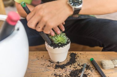 Bahçıvan beyaz çömlekçilikte sulu bitkiler yapıyor.