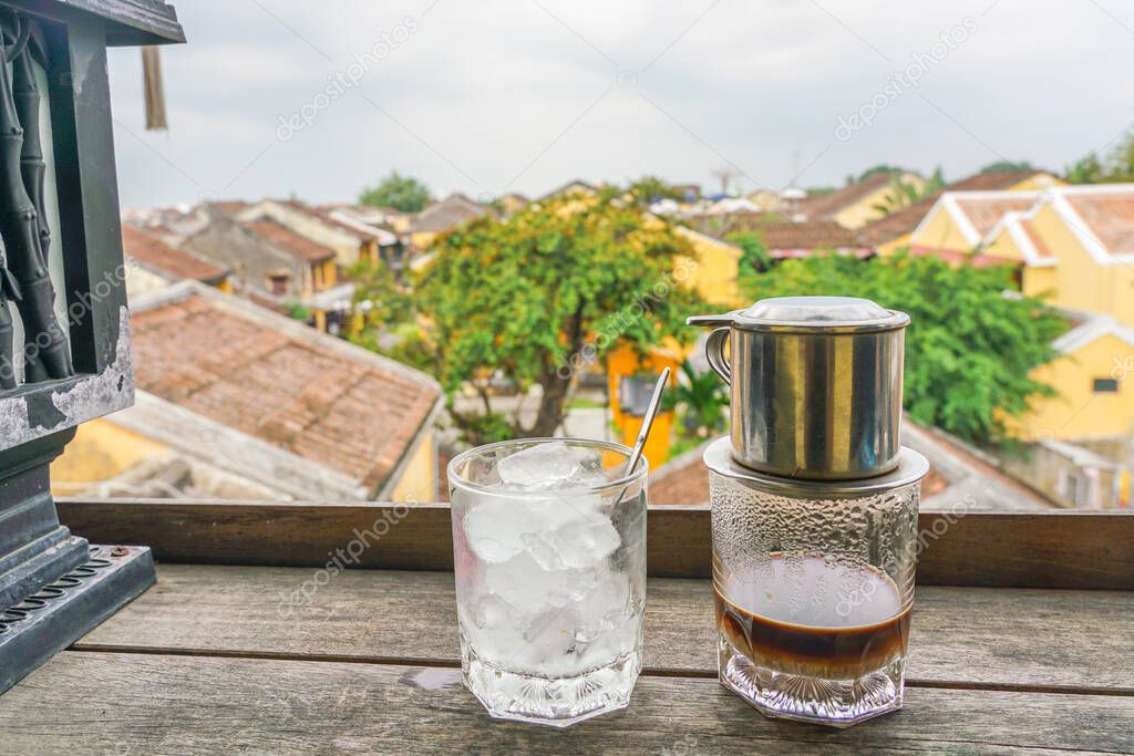 Traditional Vietnam coffee on the top of the coffee shop in Hoi An