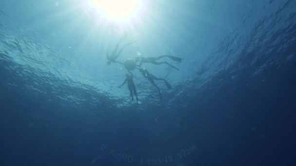 Underwater shot of freedivers holding a buoy in the blue sea with sunrays. — Stock Video