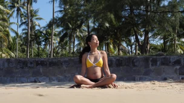 Mladý těhotná asijské relaxace a meditace na pláži sedí na písku. — Stock video