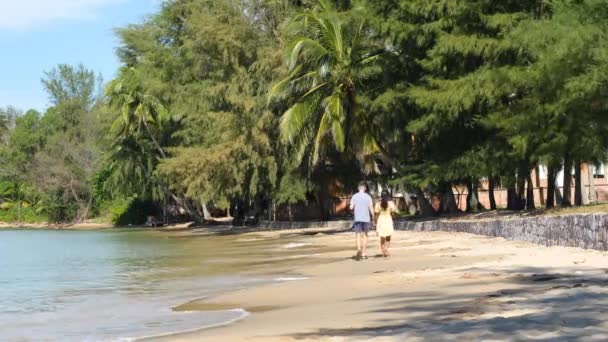 Młoda para trzymająca się za ręce spacerując po spokojnej, pięknej plaży. — Wideo stockowe