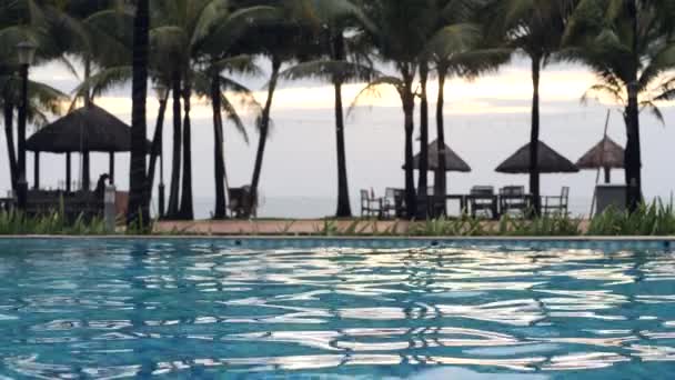 Yüzme havuzu, hindistan cevizi ağaçları ve sahil kulübeleriyle huzur dolu bir sahil manzarası. — Stok video