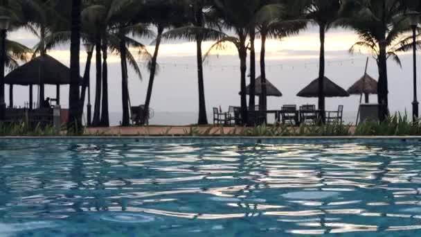 Serene view at a resort with swiming pool, coconut trees and beach huts. — Stock Video