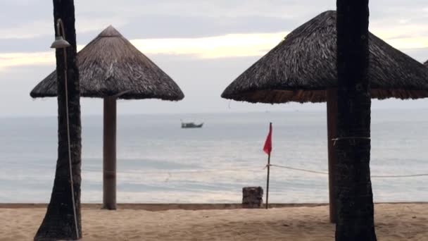 Vue cinématique sur la plage avec branche de cocotier, cabanes de plage et bateau. — Video