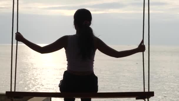 Vista trasera de la joven asiática sentada y relajada en el columpio en la playa. — Vídeos de Stock