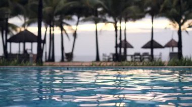 Odaklanmamış hindistan cevizi ağaçları ve sahil kulübelerinin olduğu bir havuz manzarası.