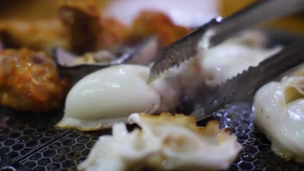 Close up view of chicken and cuttlefish being cooked, grilled on a grill stove. — Stock Video