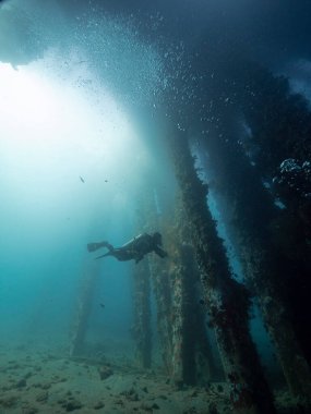 İskele desteği yakınındaki mercanların yakınındaki derin mavi denizde bir dalgıcın sualtı görüntüsü..