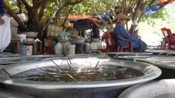 Cham Island, Vietnam - 20. Juli 2020: Nahaufnahme von Becken mit Meeresfrüchten auf dem freien Markt — Stockvideo