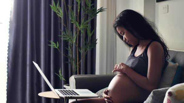 Gravid kvinde sidder på sofaen kærtegner hendes mave, mens du arbejder på bærbar computer. – Stock-video