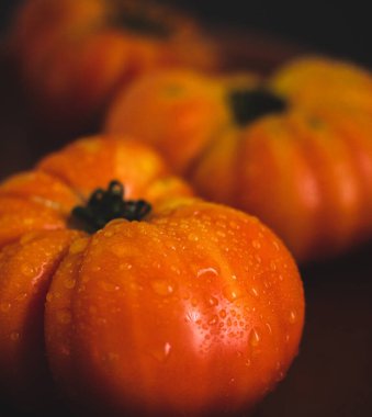 Taze İspanyol domatesleri kapanıyor. Siyah arka plan. Açı görüşü. Alan derinliği.