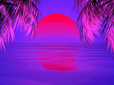 Geriye dönük deniz batımı, okyanusun doğuşu, palmiye ağaçları, üç boyutlu görüntüleme.