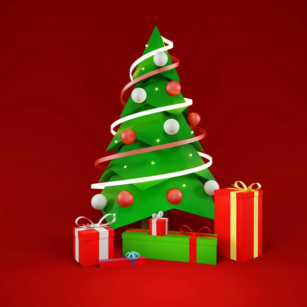 Рождественская Елка Подарками Новый Год Красном Фоне Рендеринг Иллюстрация Стоковое Фото