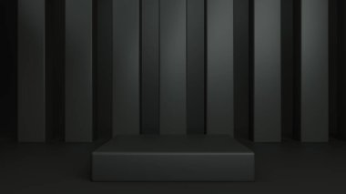 Siyah sütunlara altın eklenmiş kare podyum, 3 boyutlu görüntüleme, 3 boyutlu illüstrasyon
