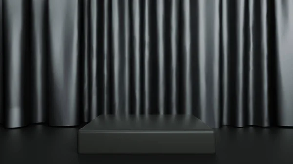 Podium on the background of black glossy curtains, curtains, presentation, 3D rendering , 3D illustration