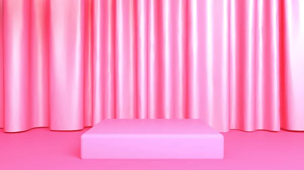 Kare podyum pembesi, perde arkası, pembe stantlar, pembe dekorasyon arka planı, 3D çizim, 3D illüstrasyon