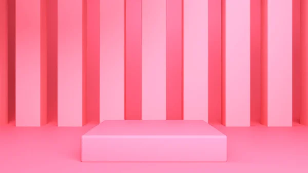 Kare podyum pembe, kolonların arka planına karşı. Pembe kabin, pembe dekorasyon arka planı, 3 boyutlu çizim, 3 boyutlu resimleme