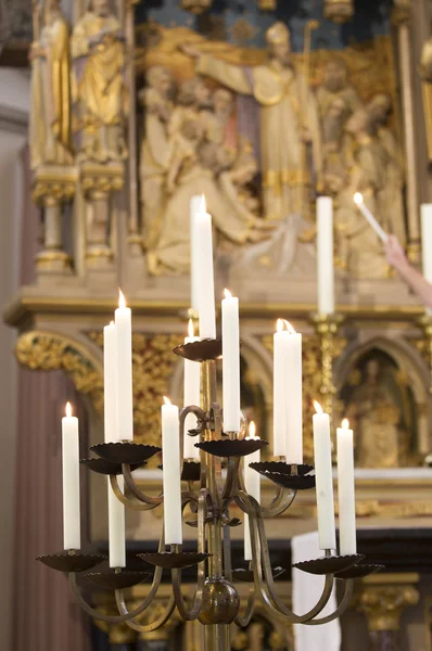 Lit Candles On Holder In Church — Stock Photo, Image