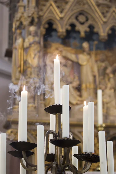 Lit Candles On Holder In Church — Stock Photo, Image