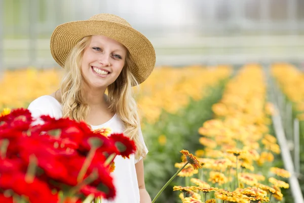 Jonge vrouw werkt in een tuinderij bij de bloemen Gerbera — Foto Stock