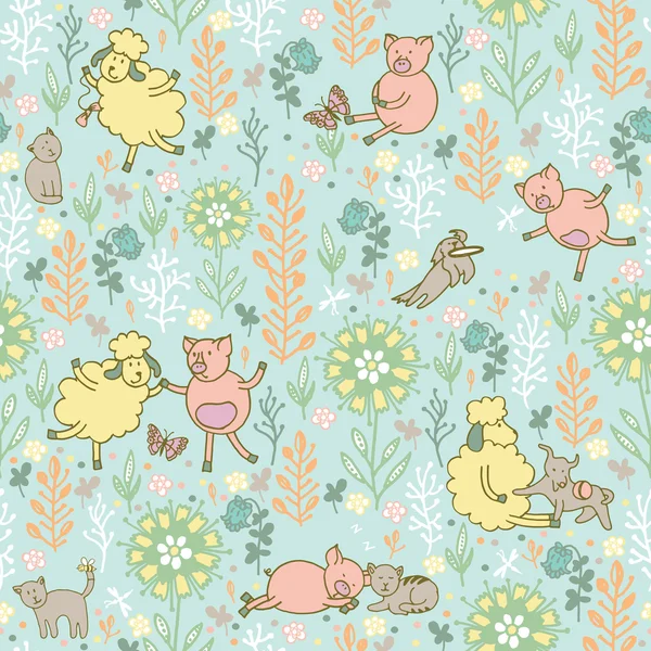 Animals in the meadow seamless pattern — Stock Vector