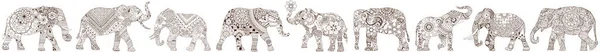 Una Serie Elefanti Ornati Stile Mehndi — Vettoriale Stock