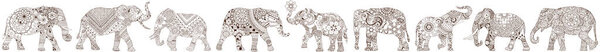 A set of ornate elephants in mehndi style.