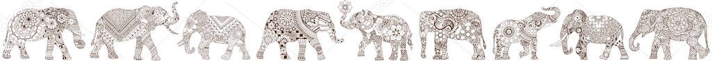 A set of ornate elephants in mehndi style.