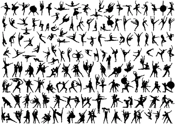 Hommes Femmes Couples Silhouettes Danseuses Ballet 100 Silhouettes Sur Fond — Image vectorielle