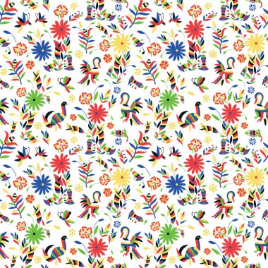 Seamless pattern with animal and floral ornament in the style of Mexican otomi embroidery clipart