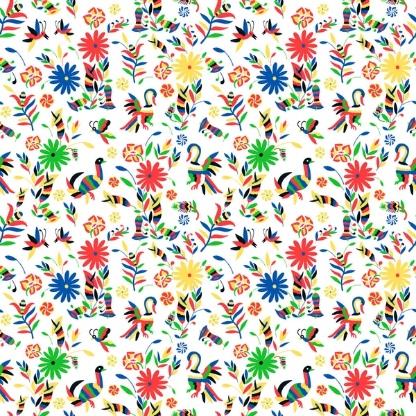 Naadloos Patroon Met Dier Bloemen Ornament Stijl Van Mexicaanse Otomi — Stockvector