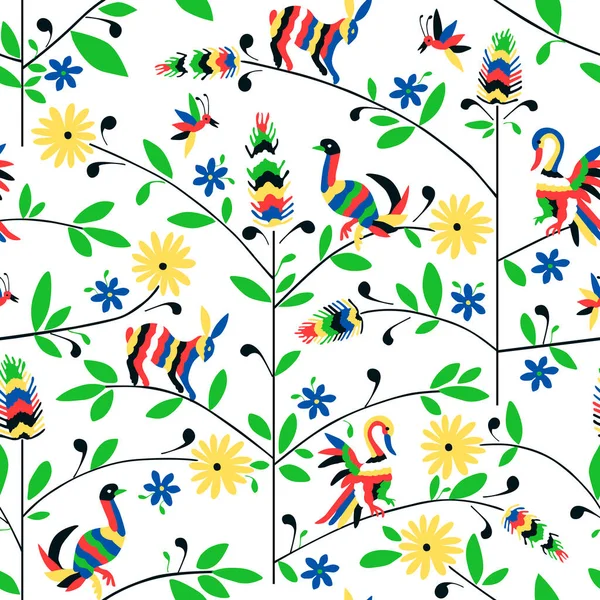 Бесшовный Узор Животным Цветочным Орнаментом Стиле Мексиканской Вышивки Отоми — стоковый вектор