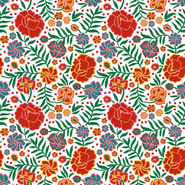 Patrón Sin Costuras Con Adorno Animal Floral Estilo Bordado Otomi — Vector de stock