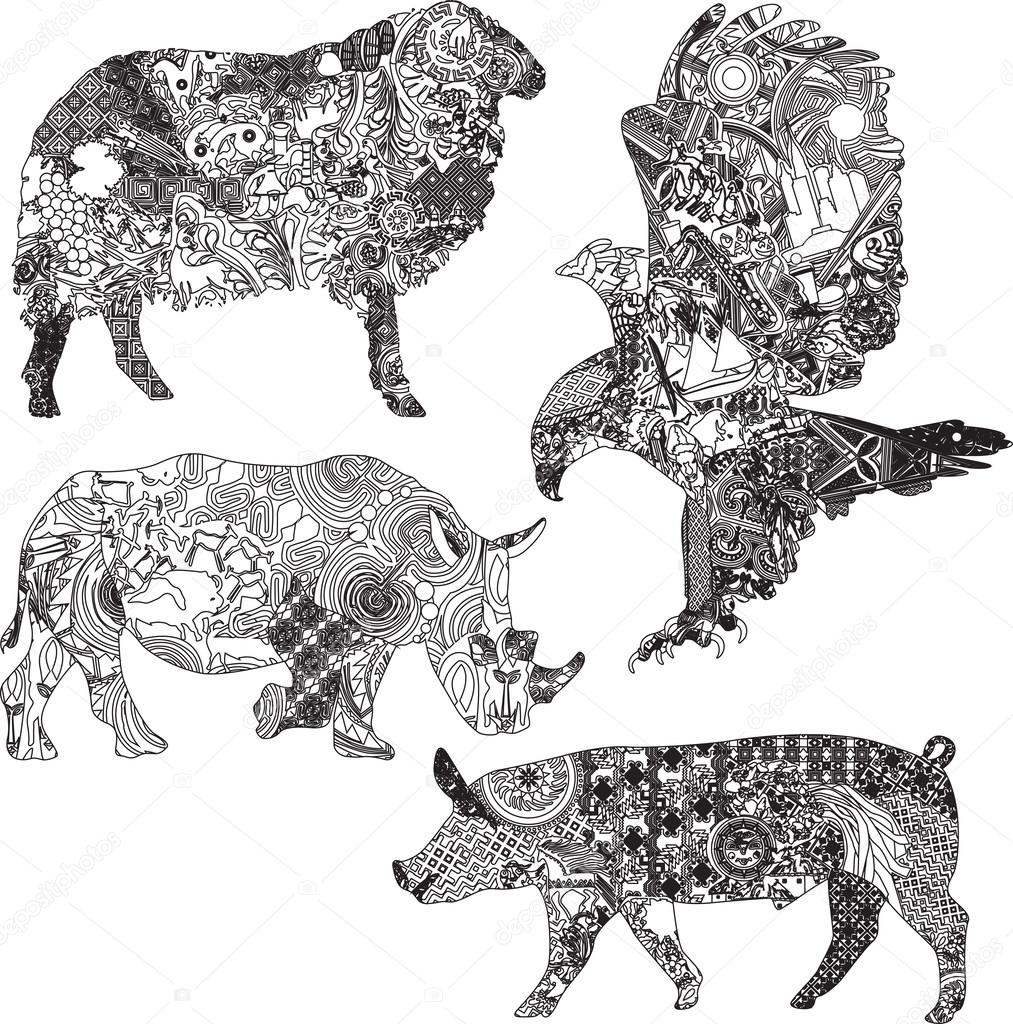 Set of animals in the ethnic ornaments