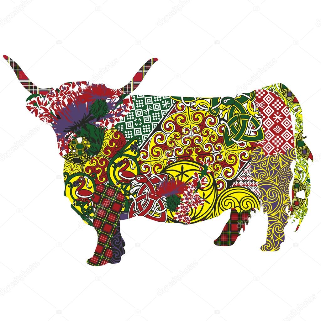 Cow in the Scottish patterns