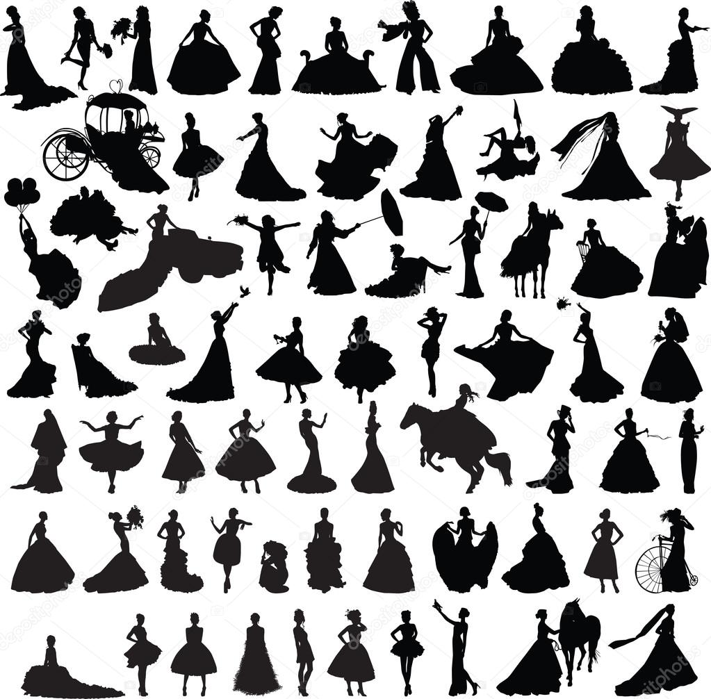 set of silhouettes of brides