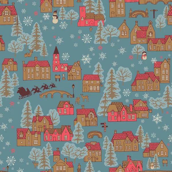 Seamless pattern winter town — Stock Vector